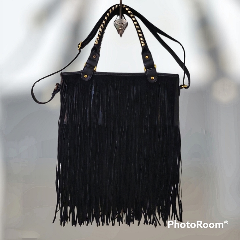 Black Fringe Faux Leather Western Boho Hippie Shoulder Tote Crossbody Bag